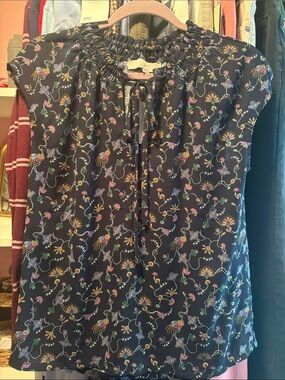 LOFT Navy Floral Paisley Ruffle-Neck Tie Sleeveless Blouse